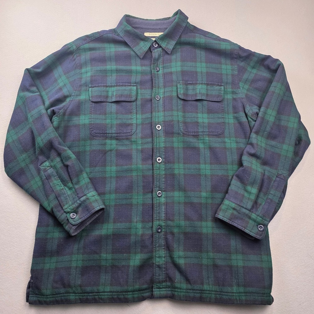 LL Bean Mens XL Fleece Lined Flannel Shirt Jacket Green Blue Plaid 250393
